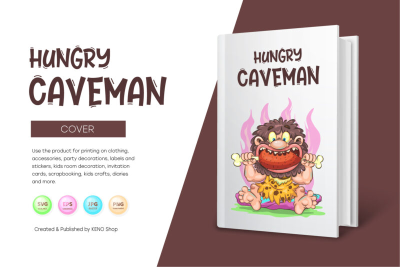 Cartoon Hungry Caveman. T-Shirt, PNG, SVG.