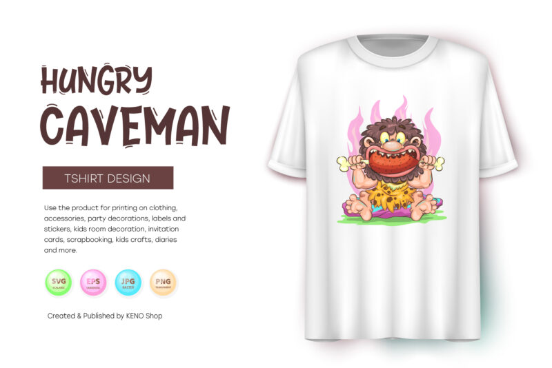 Cartoon Hungry Caveman. T-Shirt, PNG, SVG.