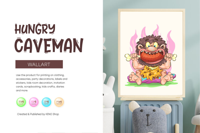 Cartoon Hungry Caveman. T-Shirt, PNG, SVG.