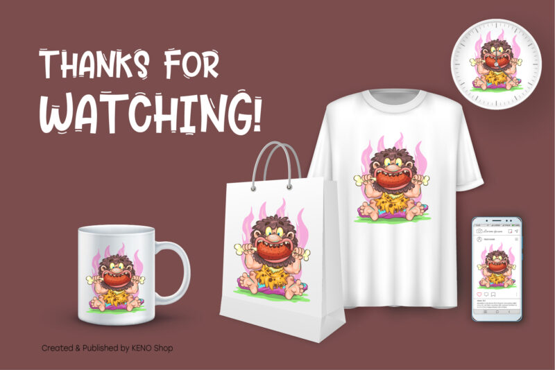 Cartoon Hungry Caveman. T-Shirt, PNG, SVG.