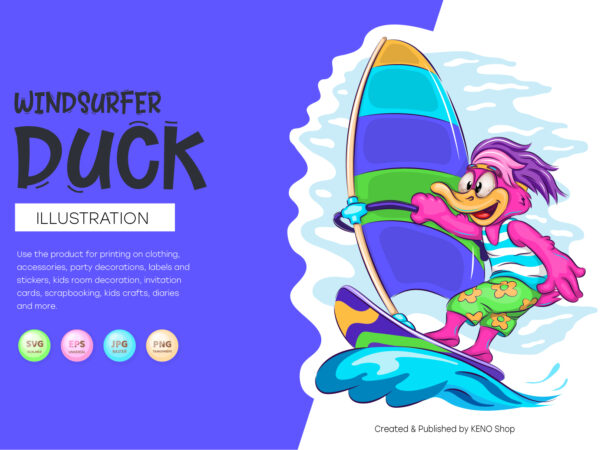 Cartoon duck windsurfer. t-shirt, png, svg.