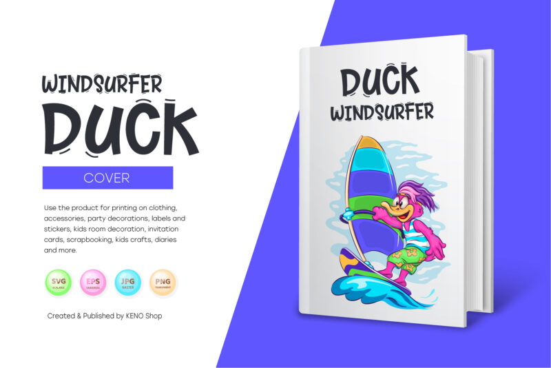 Cartoon Duck Windsurfer. T-Shirt, PNG, SVG.