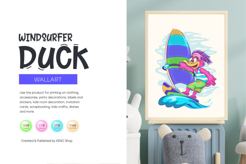 Cartoon Duck Windsurfer. T-Shirt, PNG, SVG.