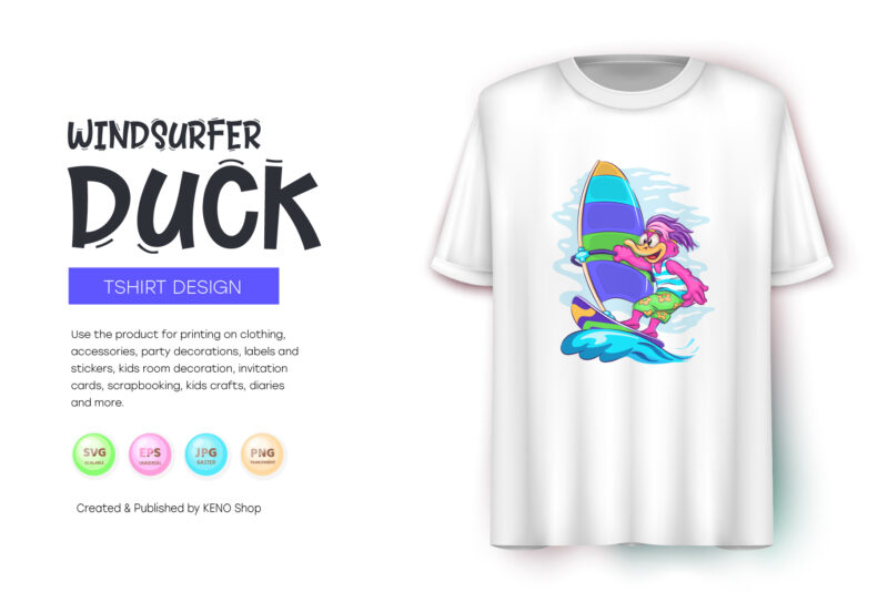 Cartoon Duck Windsurfer. T-Shirt, PNG, SVG.