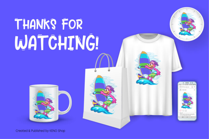 Cartoon Duck Windsurfer. T-Shirt, PNG, SVG.