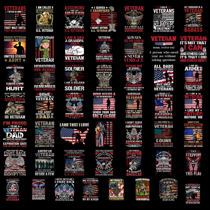 50 Bundle Design EPS and PNG Veteran Usa Military Printing Sublimation Tshirt PNG Digital File Download