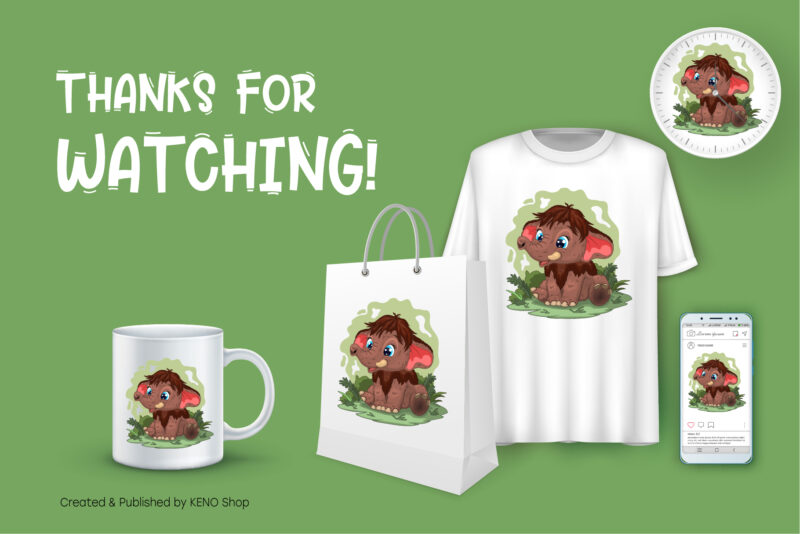 Cute Cartoon Mammoth. T-Shirt, PNG, SVG.