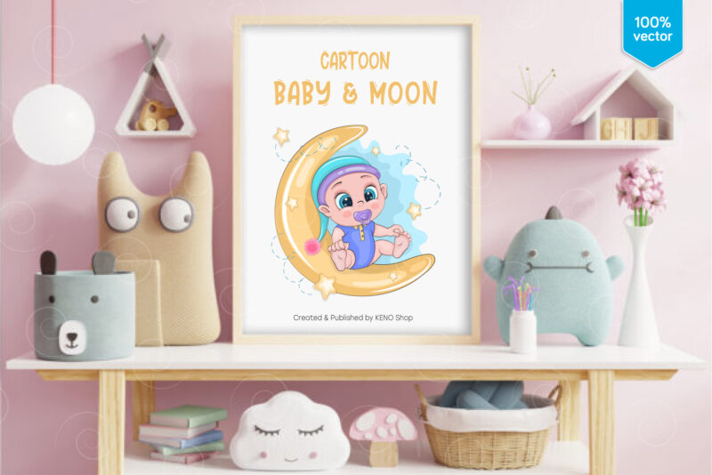 Cartoon Baby & Moon. T-Shirt, PNG, SVG.