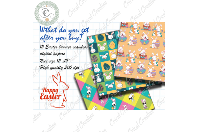 Happy Easter Day Pattern, 12 Digital Papers JPG – PNG Diy Crafts, Rabbit Eat Carrot pattern Svg Files For Cricut, Easter Cute Bunny Pattern Silhouette Files, Trending Cameo Htv Prints