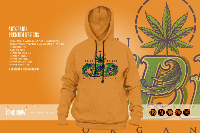 Cannabidiol word lettering with weed leaf ornate