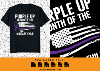 Purple up month of the military child t shirt print template, Destroyed USA flag illustration for military child, Purple ribbon vector, American flag