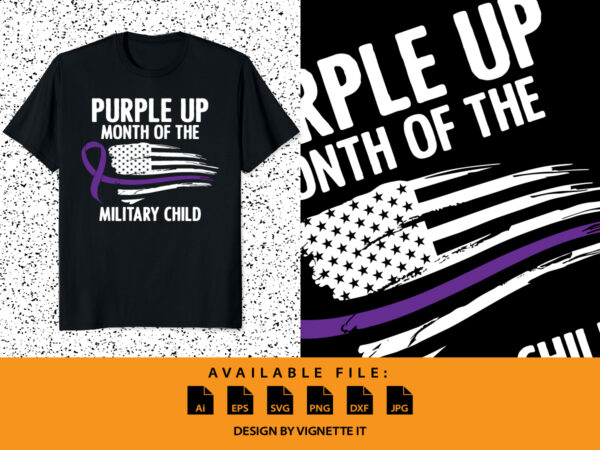 Purple up month of the military child t shirt print template, destroyed usa flag illustration for military child, purple ribbon vector, american flag