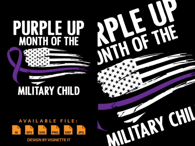 Purple up month of the military child t shirt print template, Destroyed USA flag illustration for military child, Purple ribbon vector, American flag