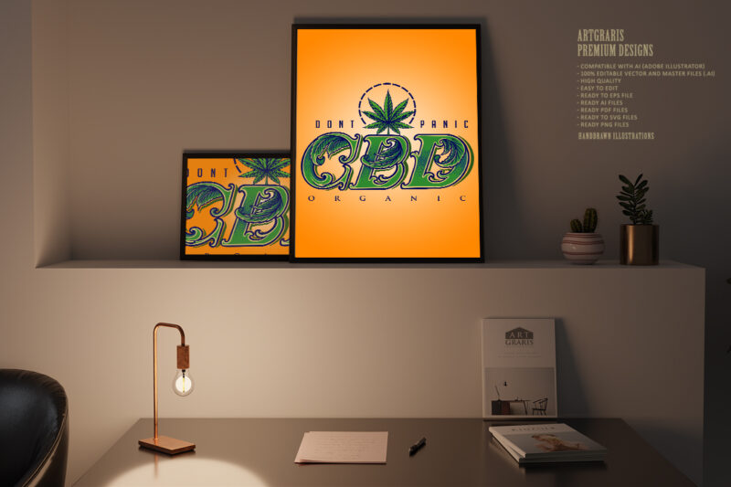 Cannabidiol word lettering with weed leaf ornate