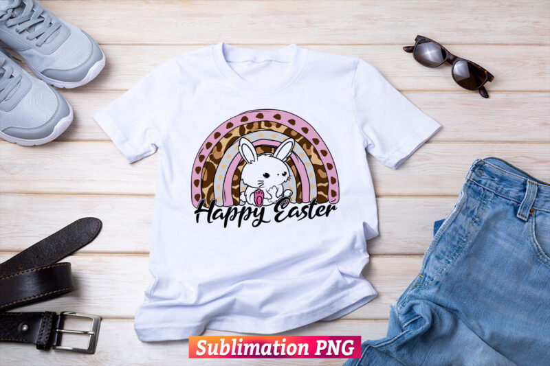Rainbow Vintage Retro Leopard Camouflage Happy Bunny Easter Day T shirt Design Png Sublimation Printable Files