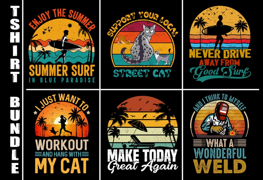 Retro Vintage Sunset T-Shirt Design Bundle, 51% OFF