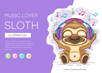 Sloth Music Lover. T-Shirt, PNG, SVG.