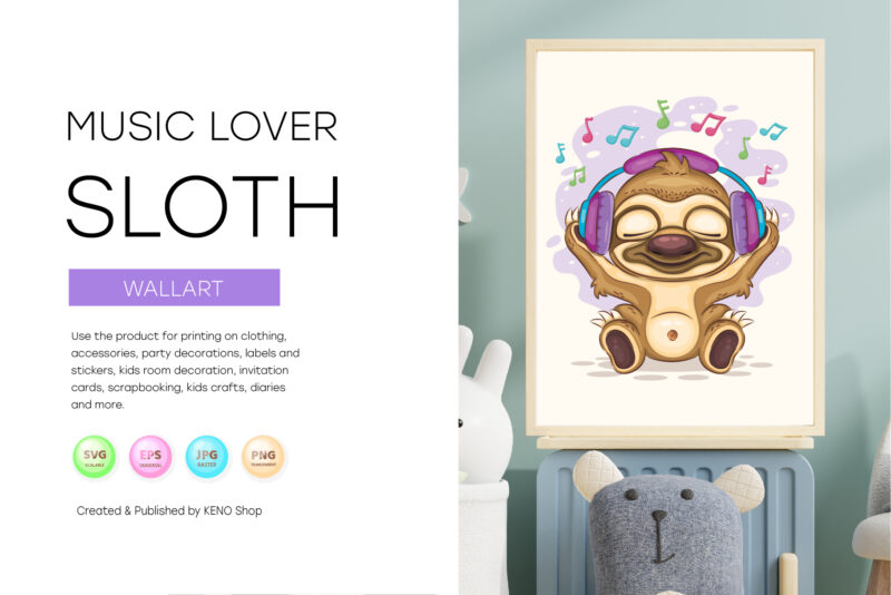 Sloth Music Lover. T-Shirt, PNG, SVG.