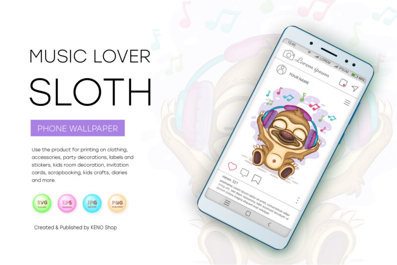Sloth Music Lover. T-Shirt, PNG, SVG.