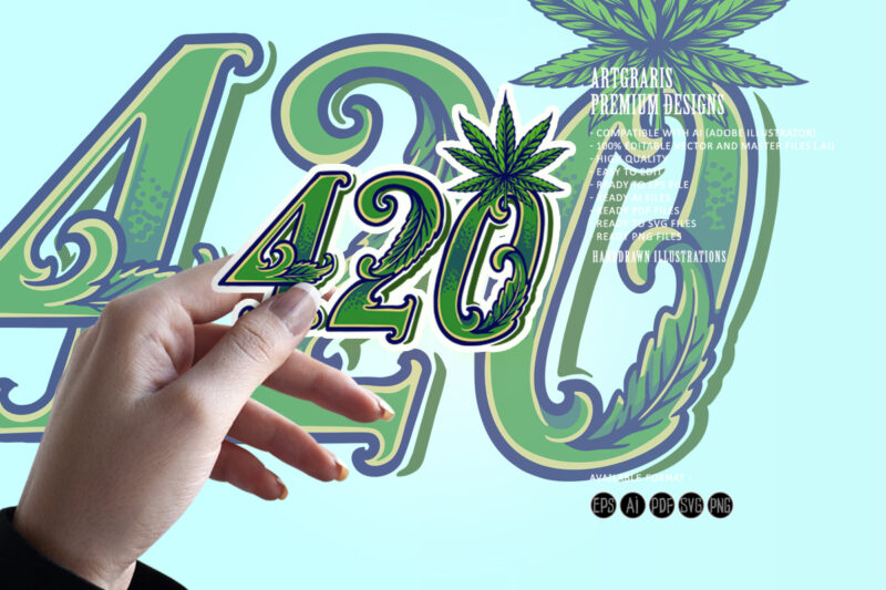 420 word lettering weed leaf Cannabis Logo Illustrations