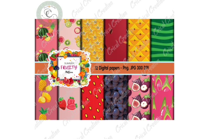 Summer Fruits Patterns, 12 Digital Papers JPG – PNG Diy Crafts, Tropical Fruits PNG Files For Cricut, Fruits For Summer Pattern Silhouette Files, Trending Cameo Htv Prints