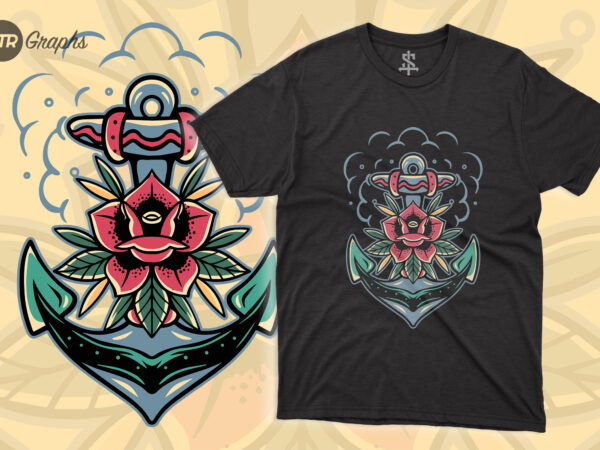 Anchor and roses – retro style t shirt vector