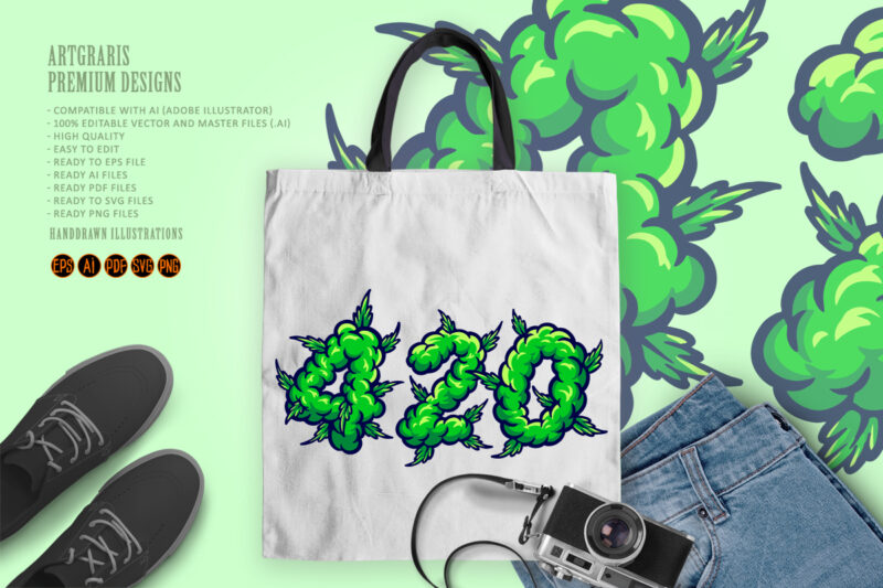 420 words lettering with weed smoke ornate