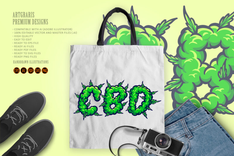 Cannabidiol word lettering with weed smoke Ilustrations