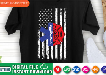 Firefighter shirt, Emergency medical service EMS shirt, Firefighter Badge shirt print template, Destroyed USA flag vector