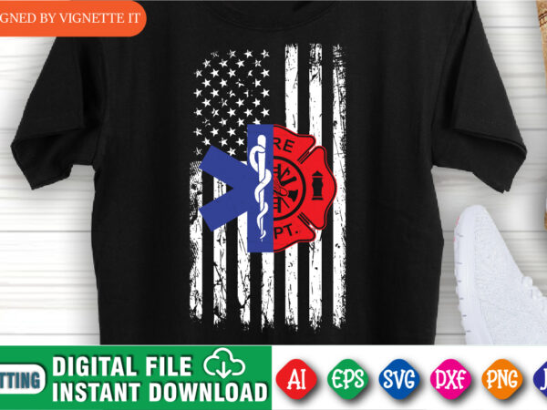 Firefighter shirt, emergency medical service ems shirt, firefighter badge shirt print template, destroyed usa flag vector