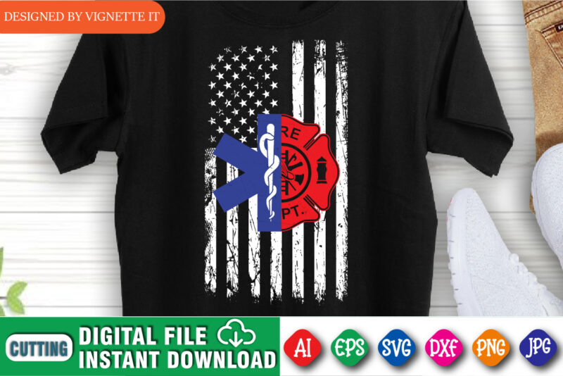 Firefighter shirt, Emergency medical service EMS shirt, Firefighter Badge shirt print template, Destroyed USA flag vector