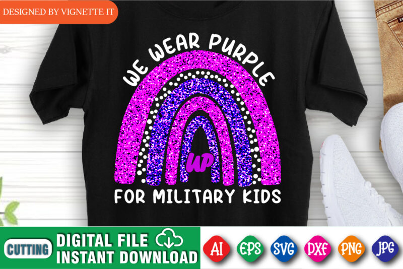 We wear purple up for military kids, Month of the military child t shirt design, Purple rainbow illustration for military kids, Purple up for military kids print template