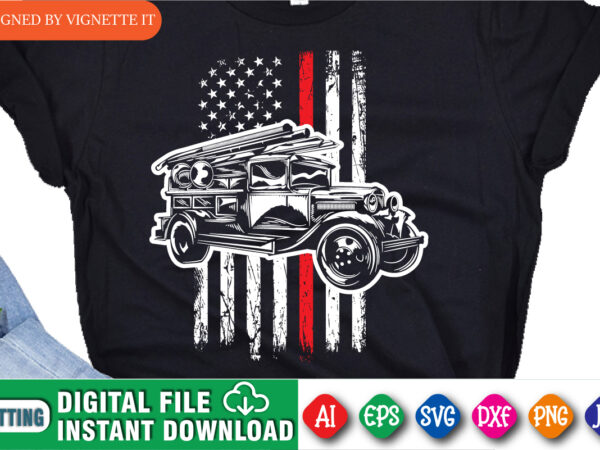 Firefighter truck and usa flag t shirt design, redline american destroyed flag shirt print template, fire department shirt, retired fireman shirt design