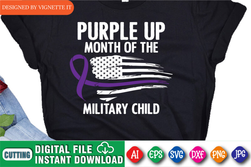 Purple up month of the military child t shirt print template, Destroyed USA flag illustration for military child, Purple ribbon vector, American flag