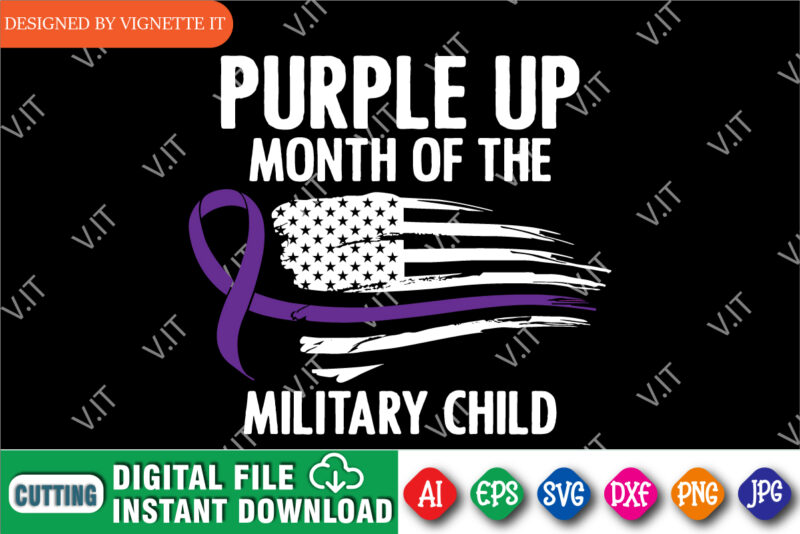 Purple up month of the military child t shirt print template, Destroyed USA flag illustration for military child, Purple ribbon vector, American flag
