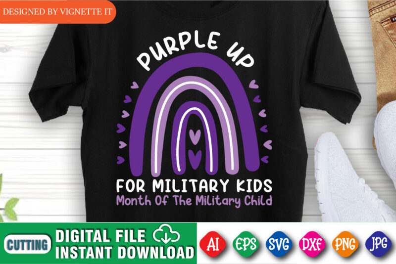 Purple up for military kids month of the military child shirt print template, Purple rainbow and heart for military kids, Cute illustration for April month of the military children’s