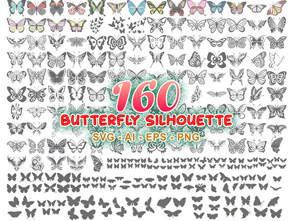 160 combo butterfly silhouette svg, butterfly clipart bundle, butterfly svg cut files for cricut, svg designs. png