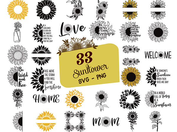 33 sunflower svg png files, sunflower monogram svg, cricut cutting files, sunflower wreath svg, sunflower clipart instant download cricut