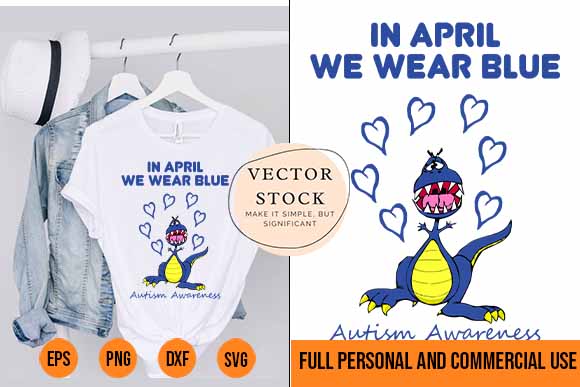 In april we wear blue svg autism cartoon dinosaur best new 2022 t shirt design for sale
