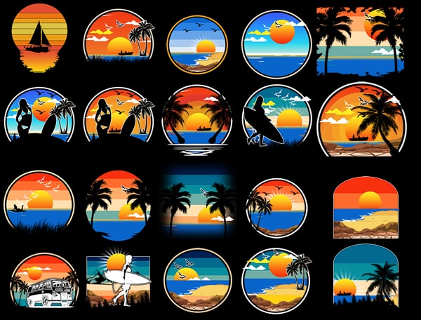 27 vintage retro sunset bundle vintage retro sunset png, retro tropical beach png, beach palm tree, sunset sublimation, vintage retro bundlepng transparent psd editable