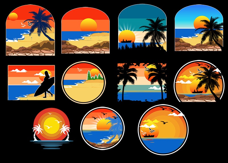 27 vintage retro sunset bundle vintage retro sunset png, retro tropical beach png, beach palm tree, sunset sublimation, vintage retro bundlepng transparent psd editable