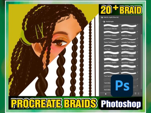 Procreate braids, deluxe photoshop studio paint braids, twists, realistic braid brush, hair brush, anime cartoon, illustration fashion 998193778 t shirt illustration