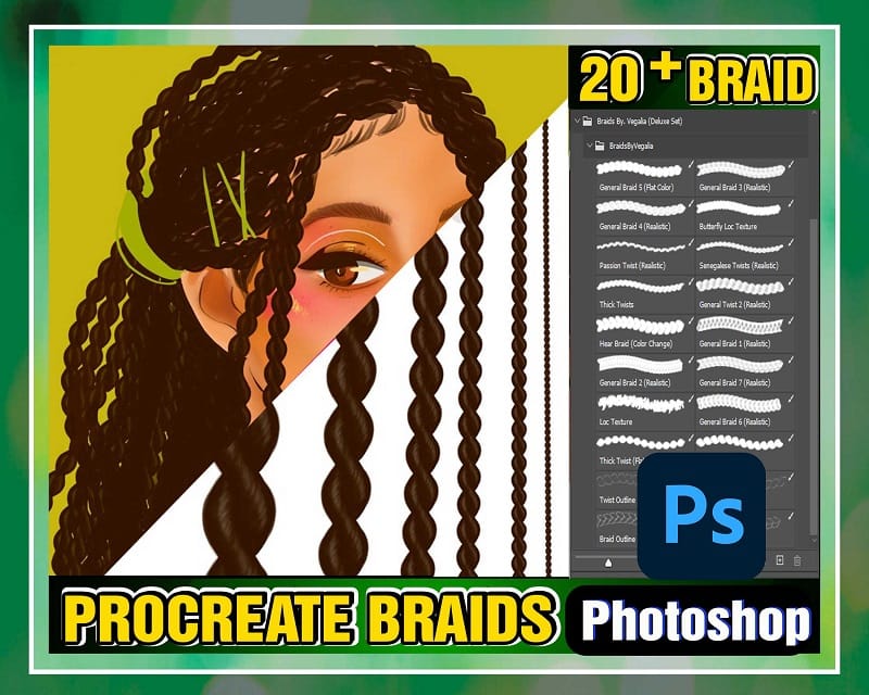 Procreate Braids, Deluxe Photoshop Studio Paint Braids, Twists, Realistic Braid Brush, Hair Brush, Anime Cartoon, Illustration Fashion 998193778