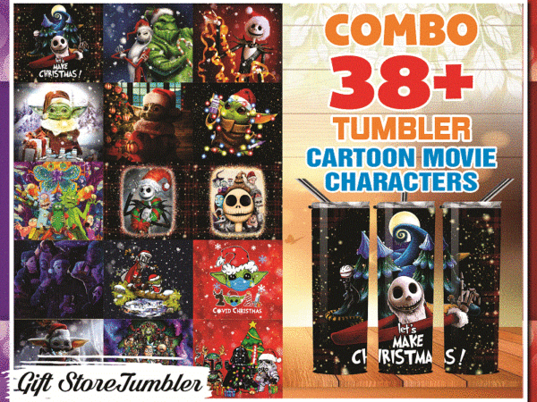 Over 38 cartoon movie characters tumbler(jackskellington – rick- babyyoda), 20 oz skinny digital file, combo tumbler , tumbler digital 8808122010 t shirt design online