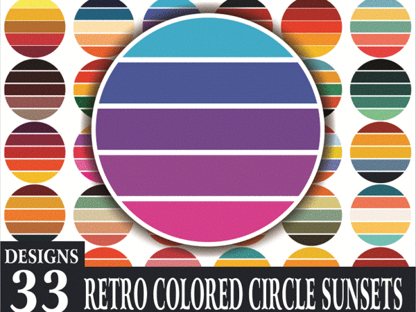 33 files retro colored circle sunsets clipart, circle round background vintage color palettes commercial license print on demand 988658536 988658536