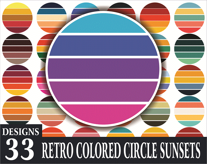 33 Files Retro Colored Circle Sunsets Clipart, Circle Round Background Vintage Color Palettes Commercial License Print On Demand 988658536 988658536