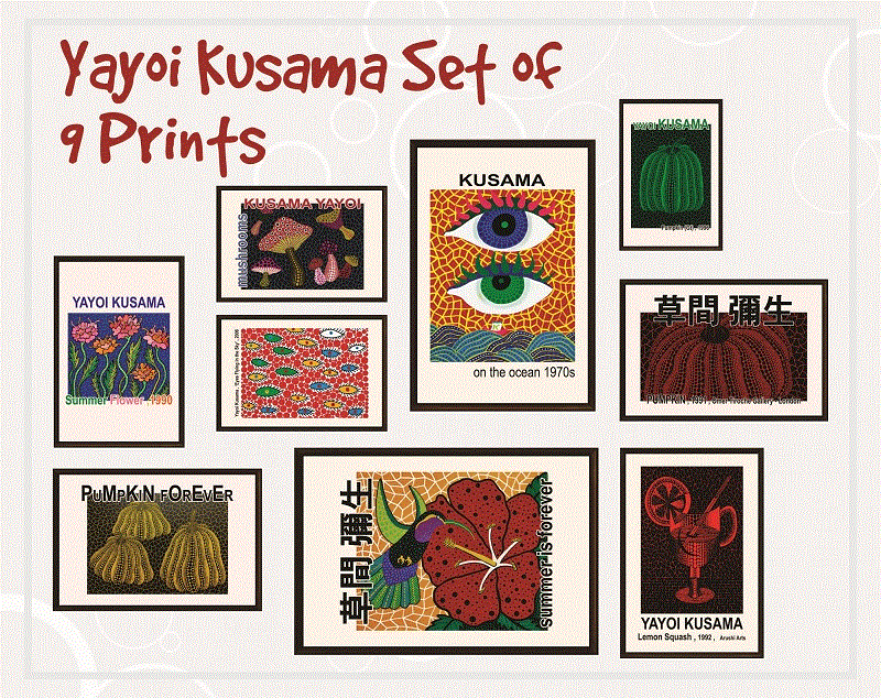 Yayoi Kusama Set of 9 Prints, Gallery Wall Set, Exhibition Wall Art, Yayoi Kusama Poster, Museum Exhibition, Printable Wall Art, Digital Art 1071389984