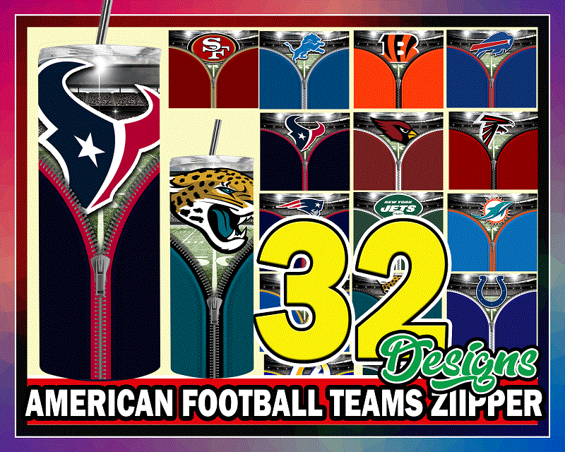 32 American Football Teams Ziipper Design 20oz Skinny Straight Tapered, Template For Sublimation, Full Tumbler Wrap, PNG Digital 1000618922