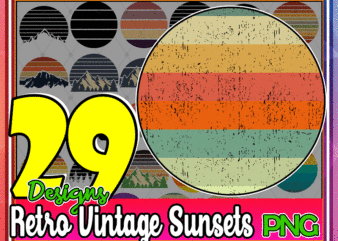 29 Designs Retro Vintage Sunsets Pack, Retro Sunset Clipart PNG, Mountains, Trees, Summer, Beach, Commercial License, Digital Download 717771266