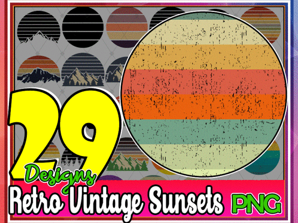 29 designs retro vintage sunsets pack, retro sunset clipart png, mountains, trees, summer, beach, commercial license, digital download 717771266